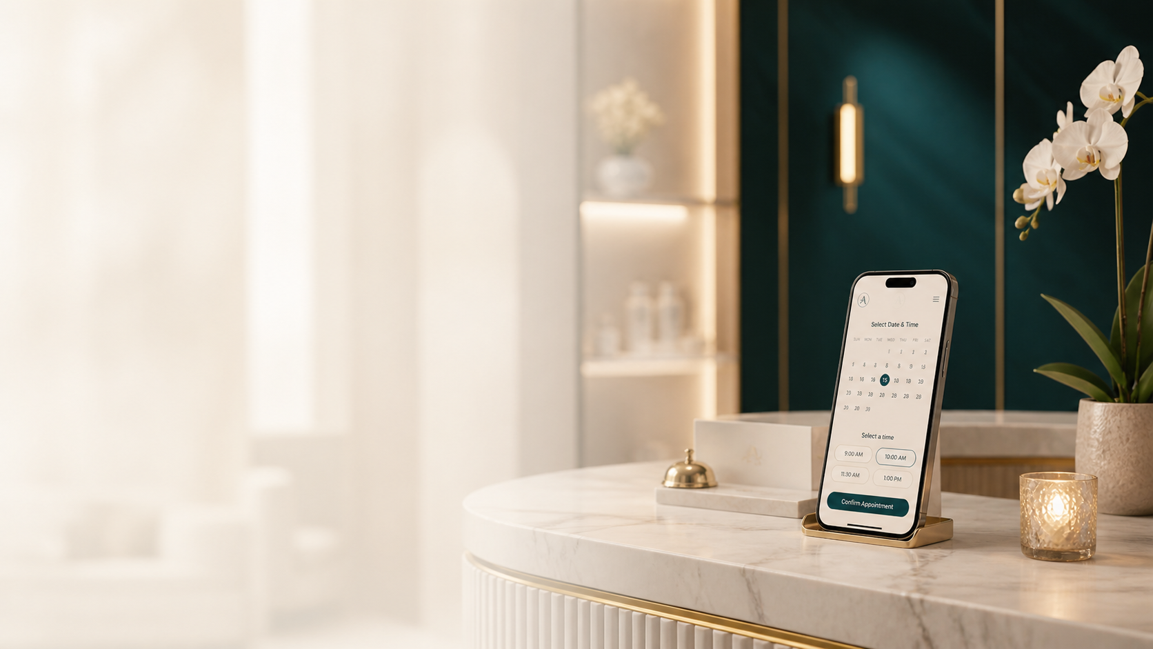 Premium medspa reception desk with ARIA booking screen